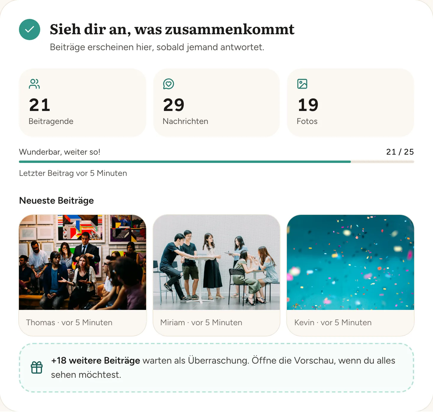 21 Beitragende, 29 Nachrichten und 19 Fotos auf einen Blick