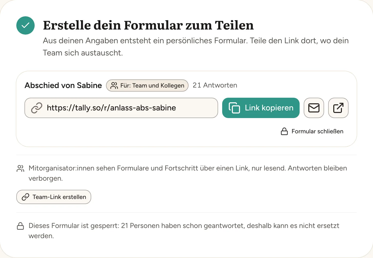 Formular „Abschied von Sabine“ mit 21 Antworten und Link zum Kopieren