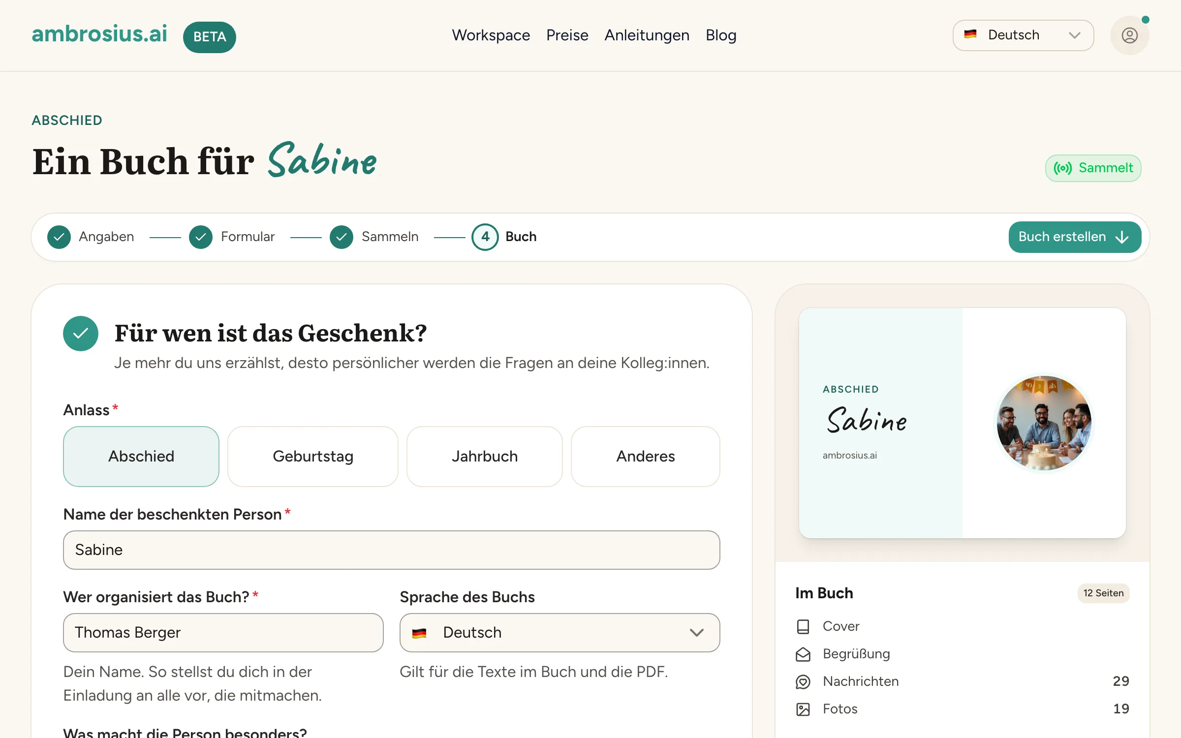 Übersicht eines Abschiedsbuchs in der App mit Fortschritt