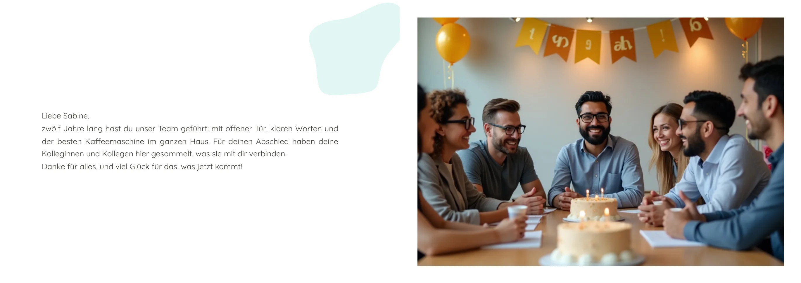 Doppelseite mit der Begrüßung und einem Foto vom Team mit Torte