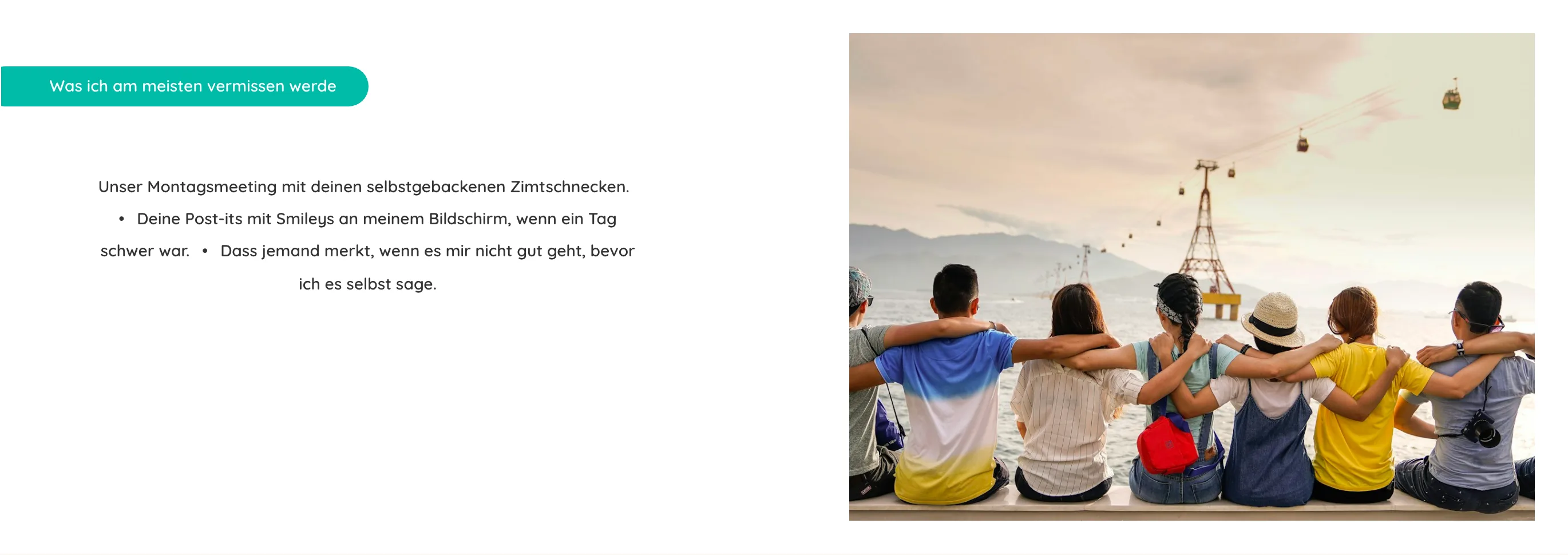 Doppelseite „Was ich am meisten vermissen werde“ mit einem Teamfoto