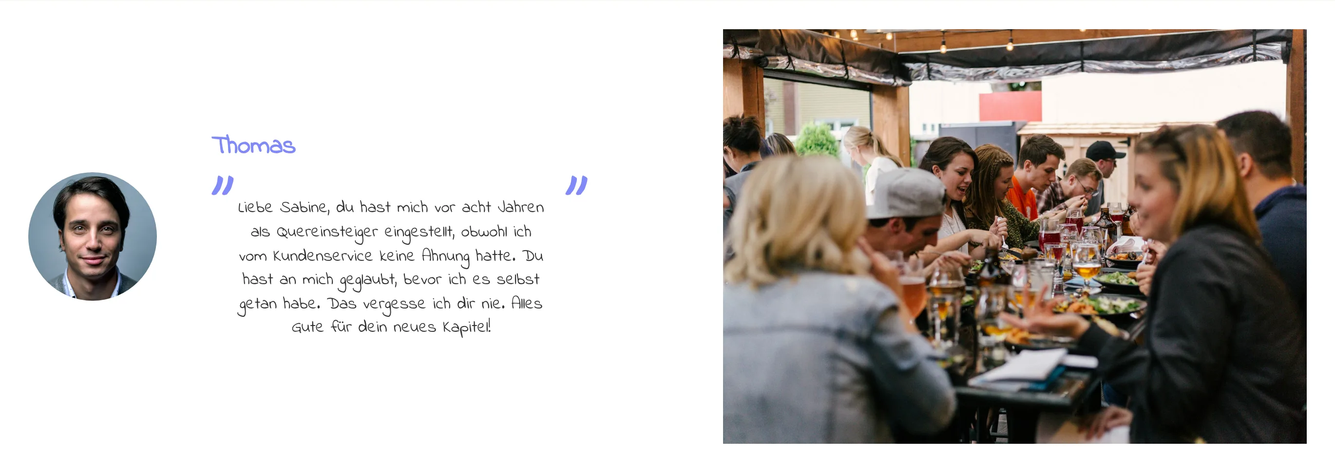 Doppelseite mit dem Gruß eines Kollegen und einem Foto vom Teamessen