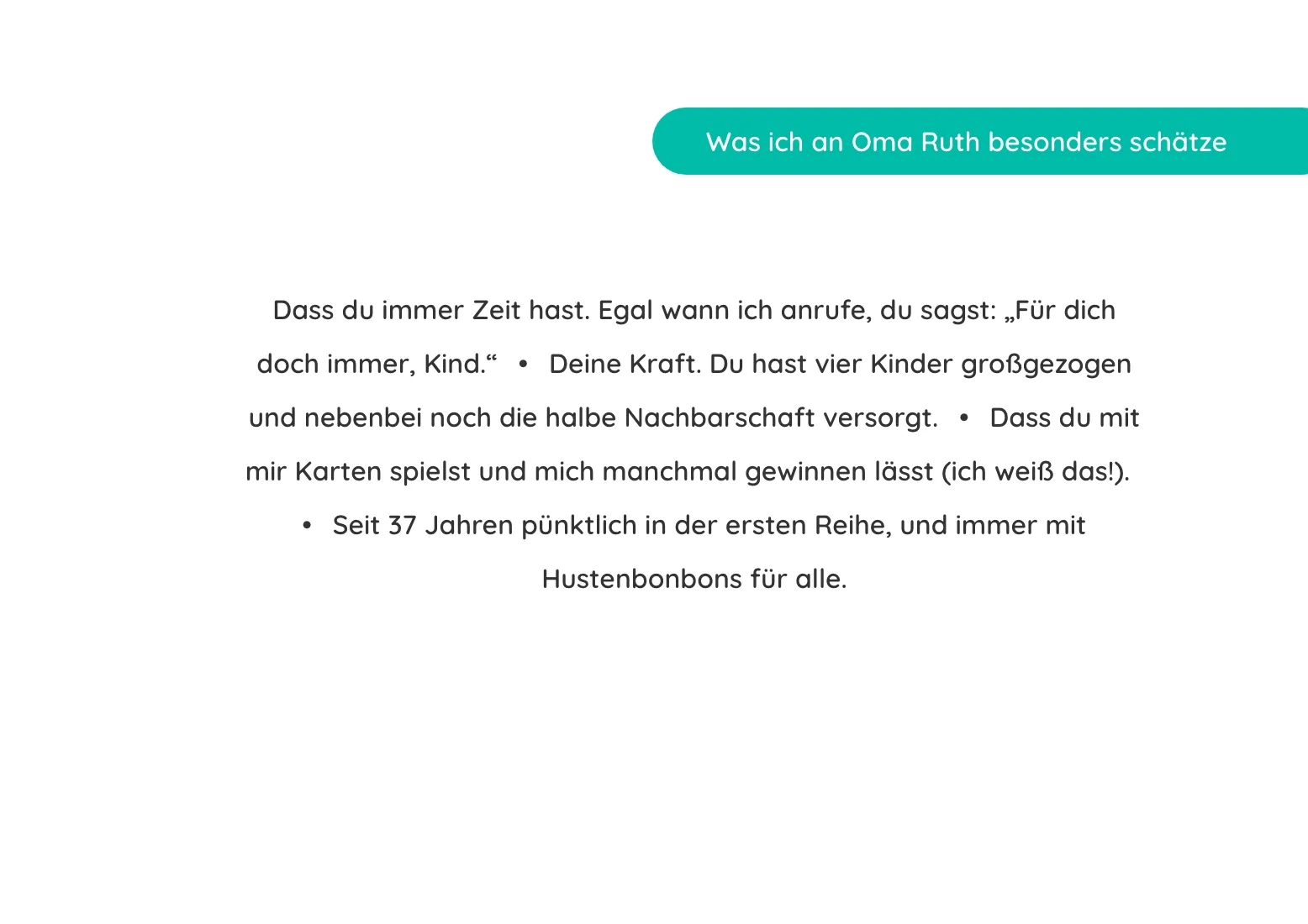 Buchseite aus einem Erinnerungsbuch: viele Antworten auf die Frage, was alle an Oma Ruth besonders schätzen