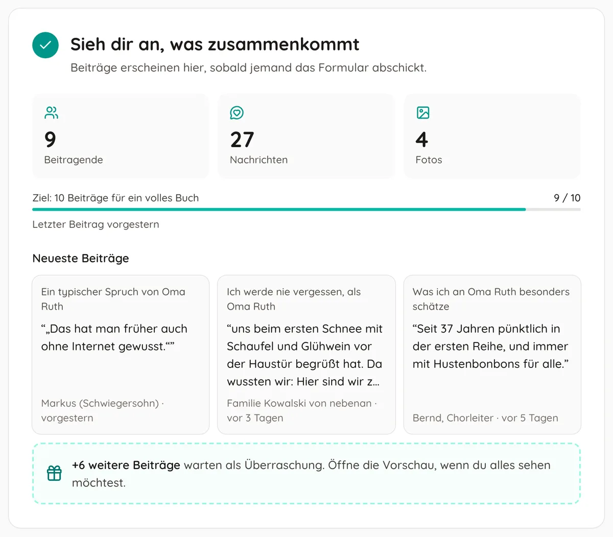 Schritt 4 in der App: Zahl der Beitragenden, Nachrichten und Fotos und die drei neuesten Beiträge