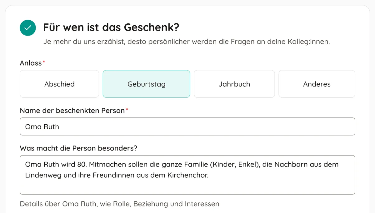 Schritt 1 in der App: Anlass Geburtstag, Name Oma Ruth und Details zur Person