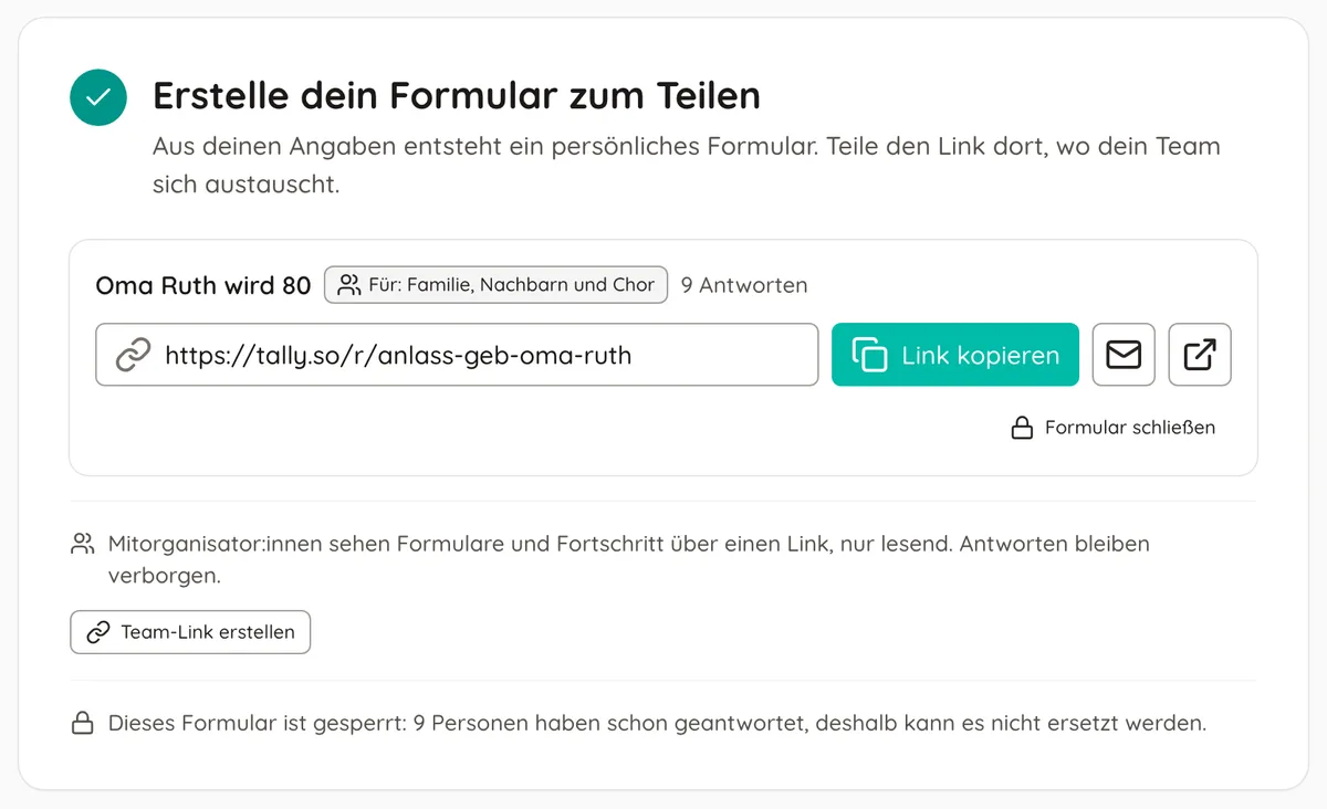Das fertige Formular mit Link, Kopieren, E-Mail und Team-Link