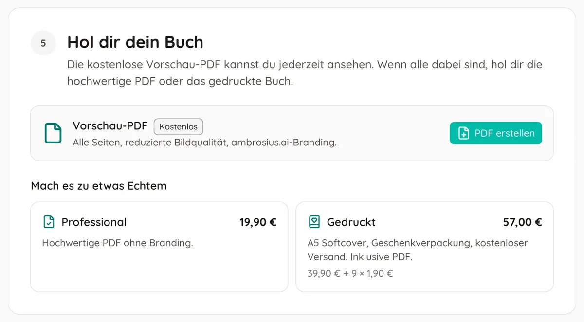 Schritt 5: Vorschau-PDF, Professional und gedrucktes Buch mit Live-Preis