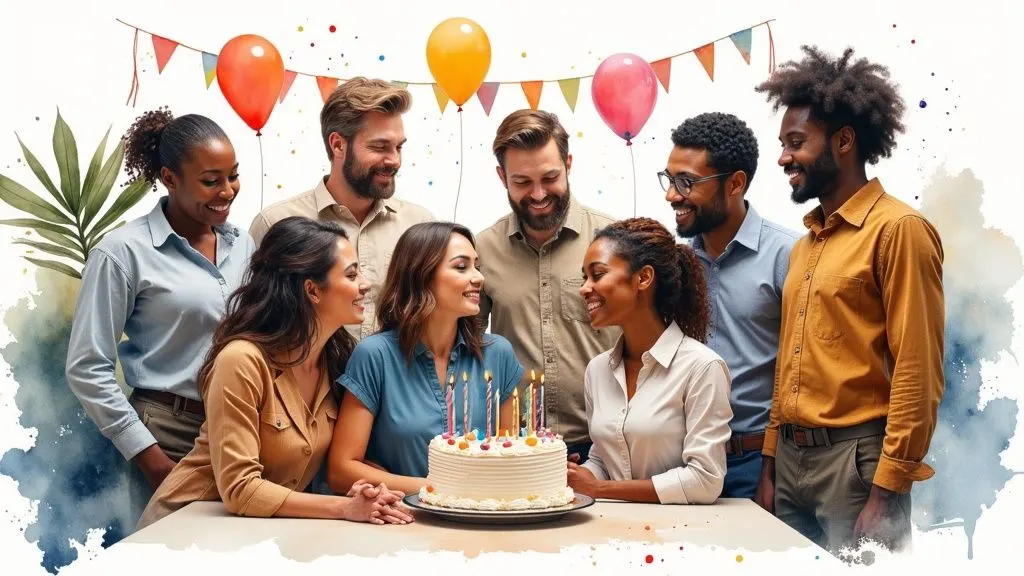 Illustration: Ein Team feiert gemeinsam mit einer Torte