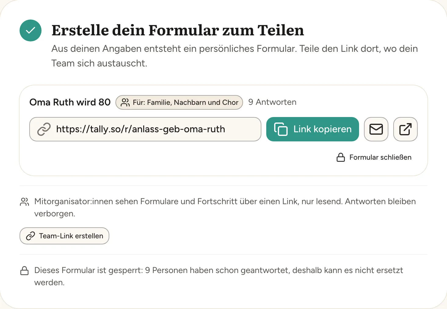 Formular „Oma Ruth wird 80“ für Familie, Nachbarn und Chor mit 9 Antworten und Link zum Kopieren