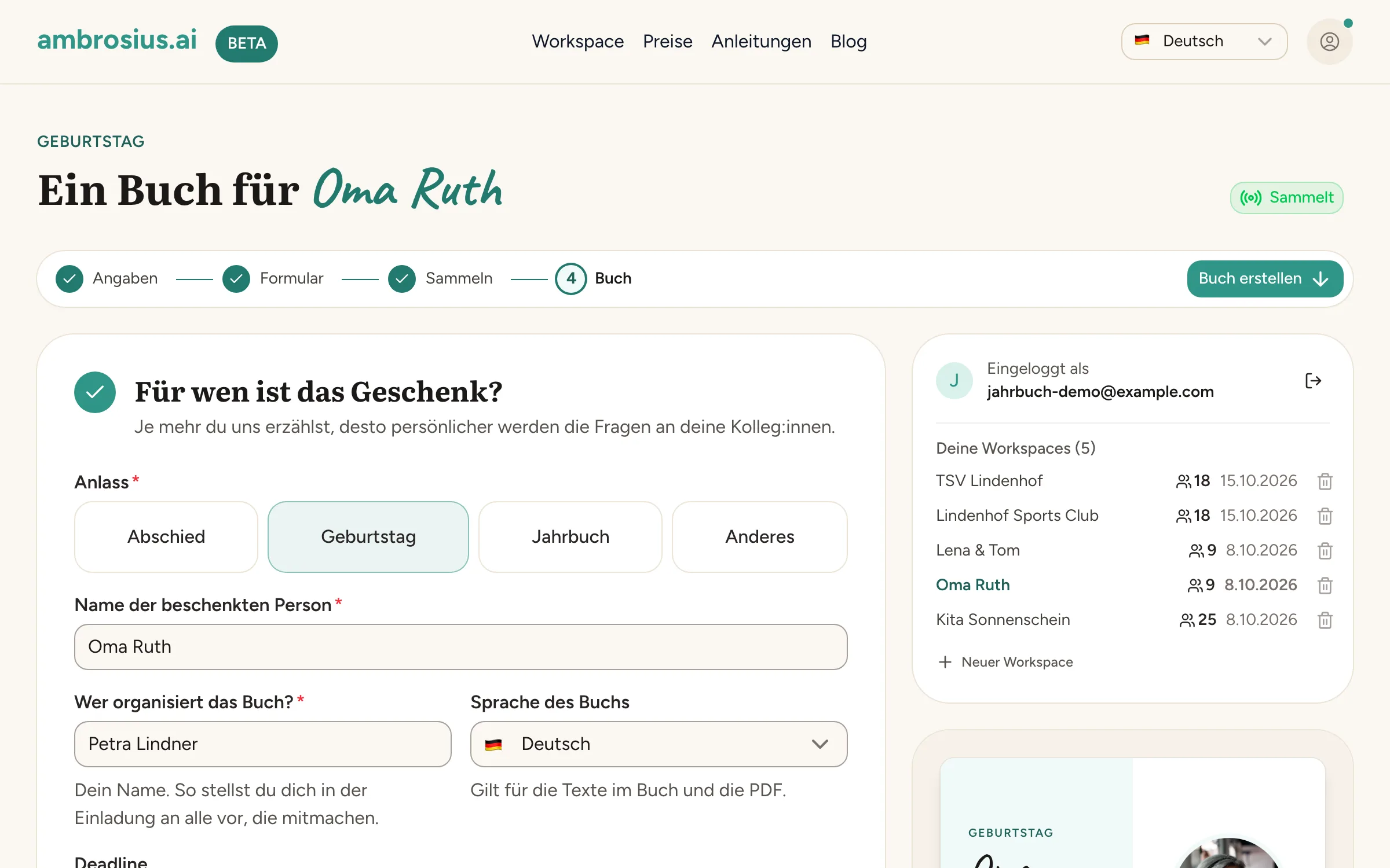 Übersicht des Geburtstagsbuchs für Oma Ruth in der App