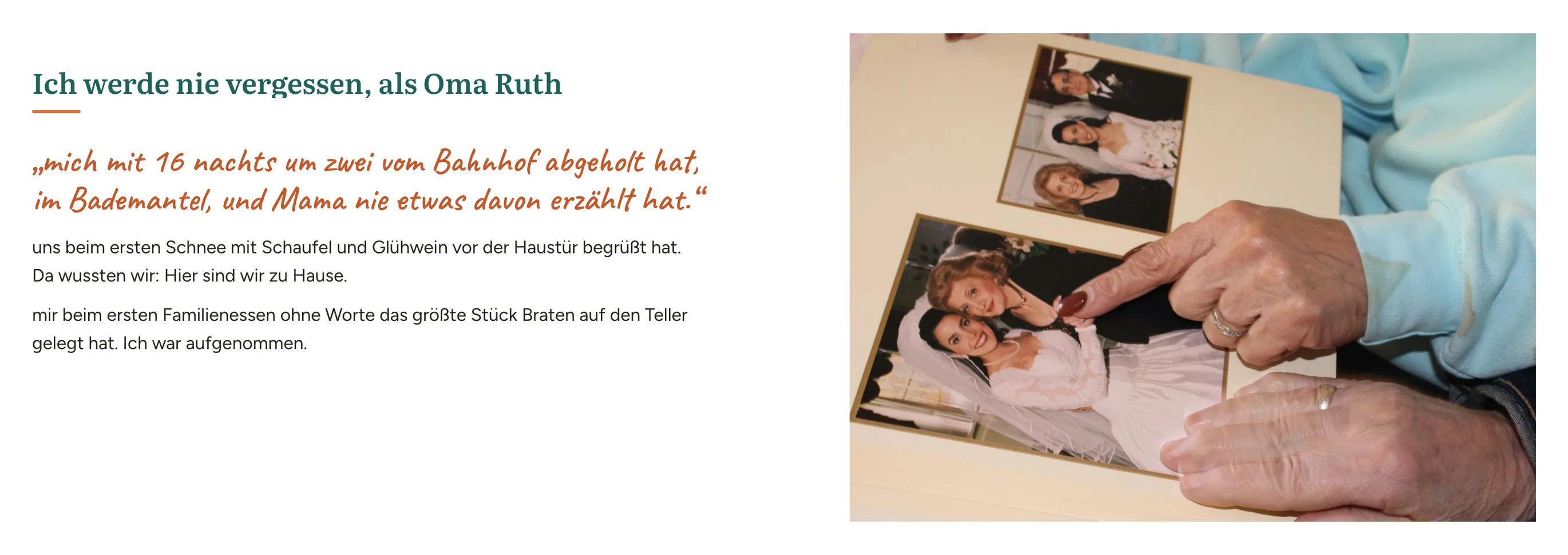 Doppelseite „Ich werde nie vergessen, als Oma Ruth …“ mit einem Foto aus dem Familienalbum