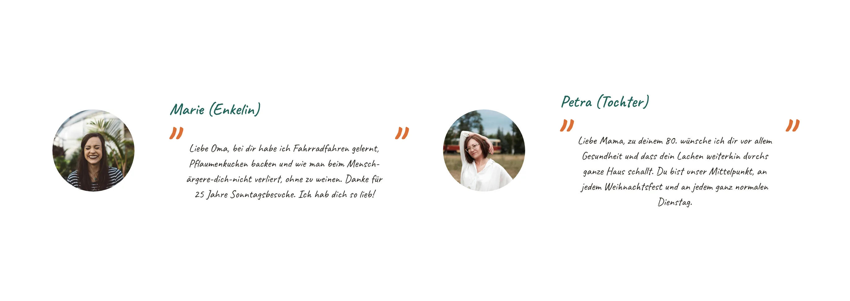 Doppelseite mit den Grüßen von Enkelin Marie und Tochter Petra, jeweils mit Porträtfoto
