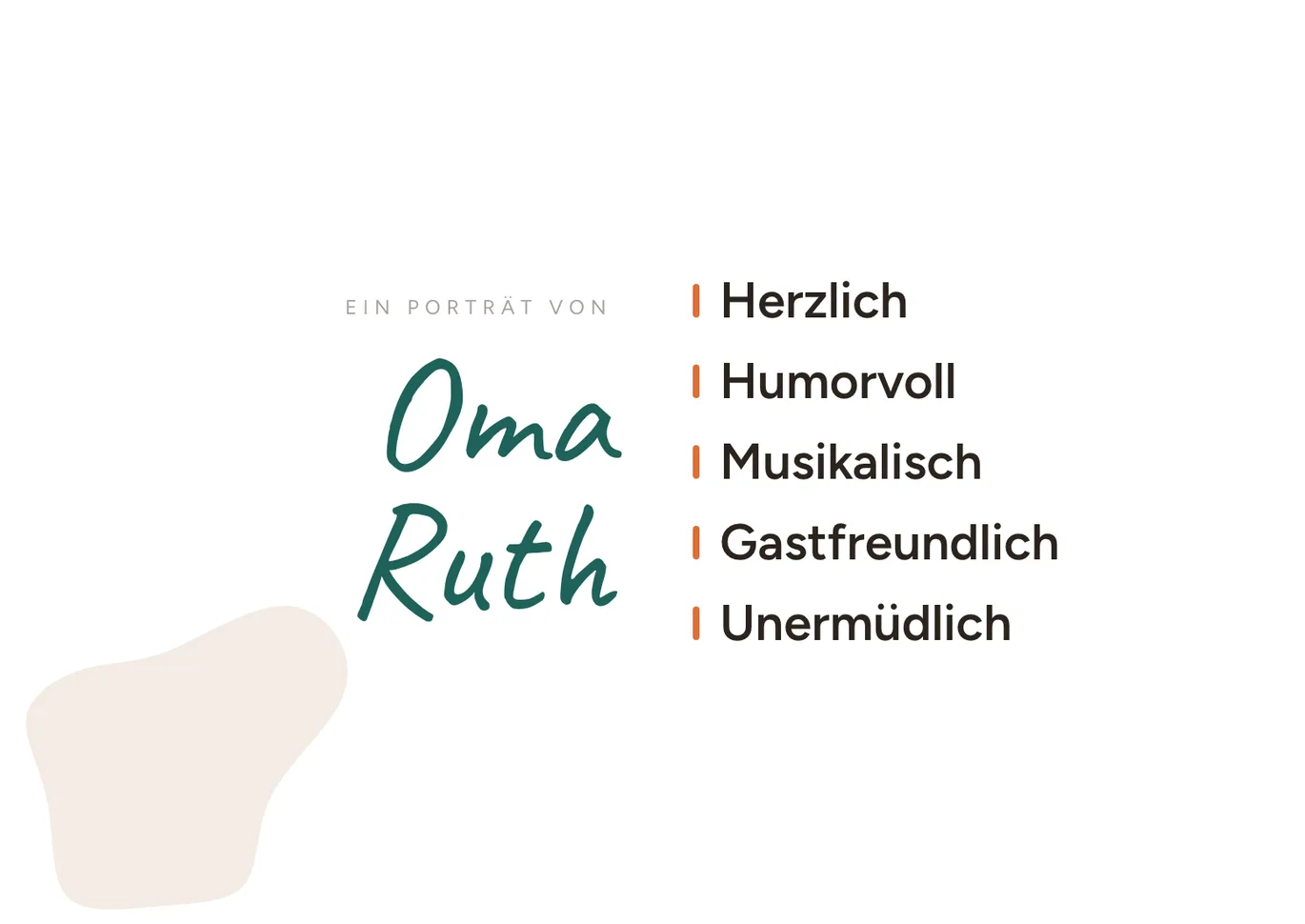 Titelseite „Ein Porträt von Oma Ruth“ mit den Worten Herzlich, Humorvoll, Musikalisch, Gastfreundlich, Unermüdlich