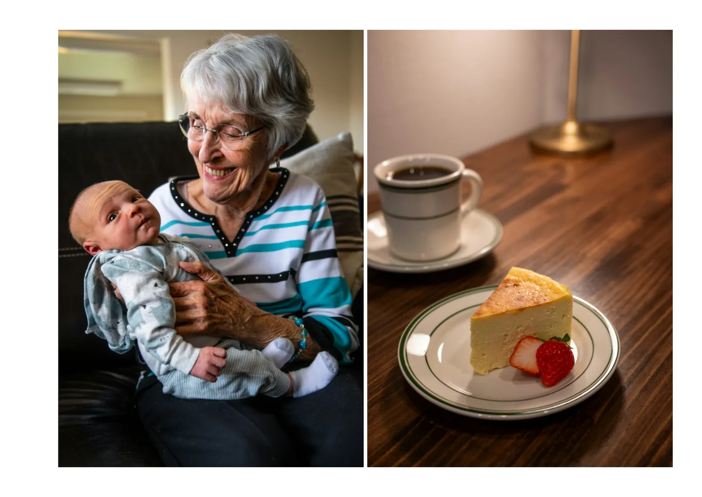 Fotoseite mit Oma Ruth und ihrem Urenkel und mit Kaffee und Kuchen
