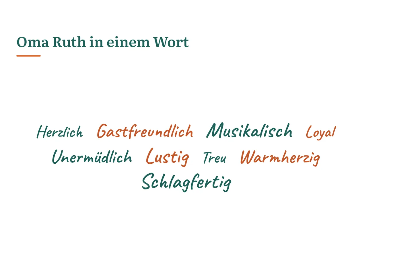 Seite „Oma Ruth in einem Wort“ mit Worten wie Herzlich, Musikalisch und Schlagfertig