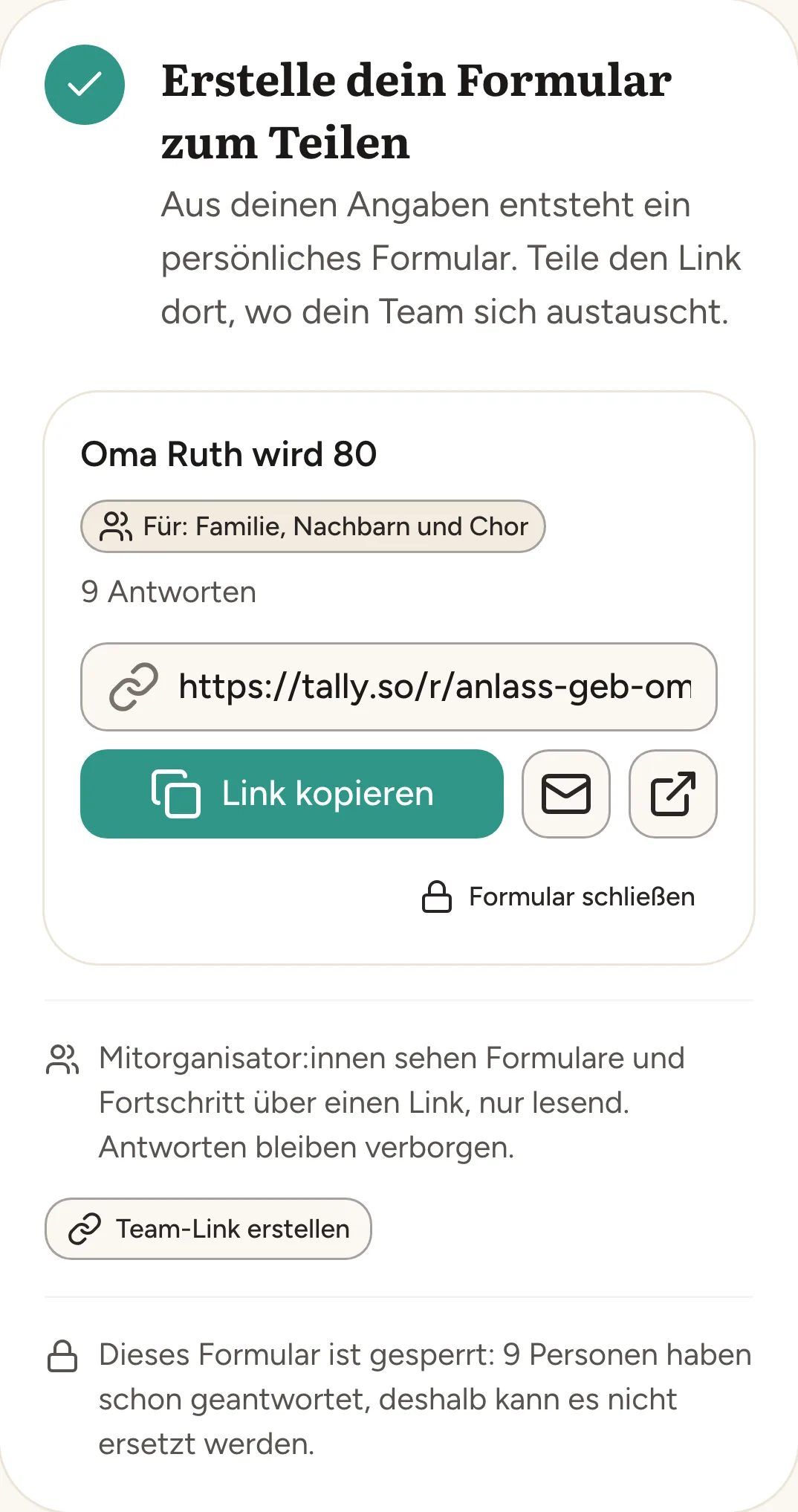 Das Formular „Oma Ruth wird 80“ auf dem Handy, mit Link zum Teilen