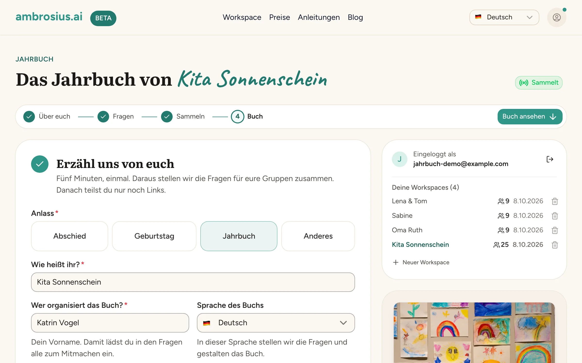 Übersicht eines Kita-Jahrbuchs in der App mit Fortschritt