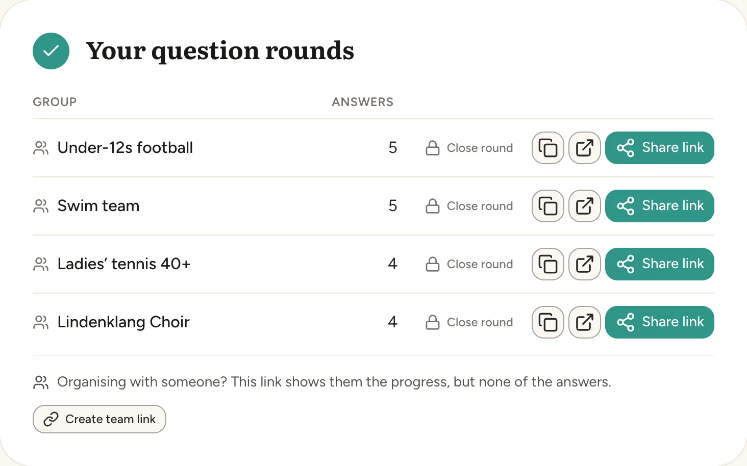 Question rounds per team with the number of answers
