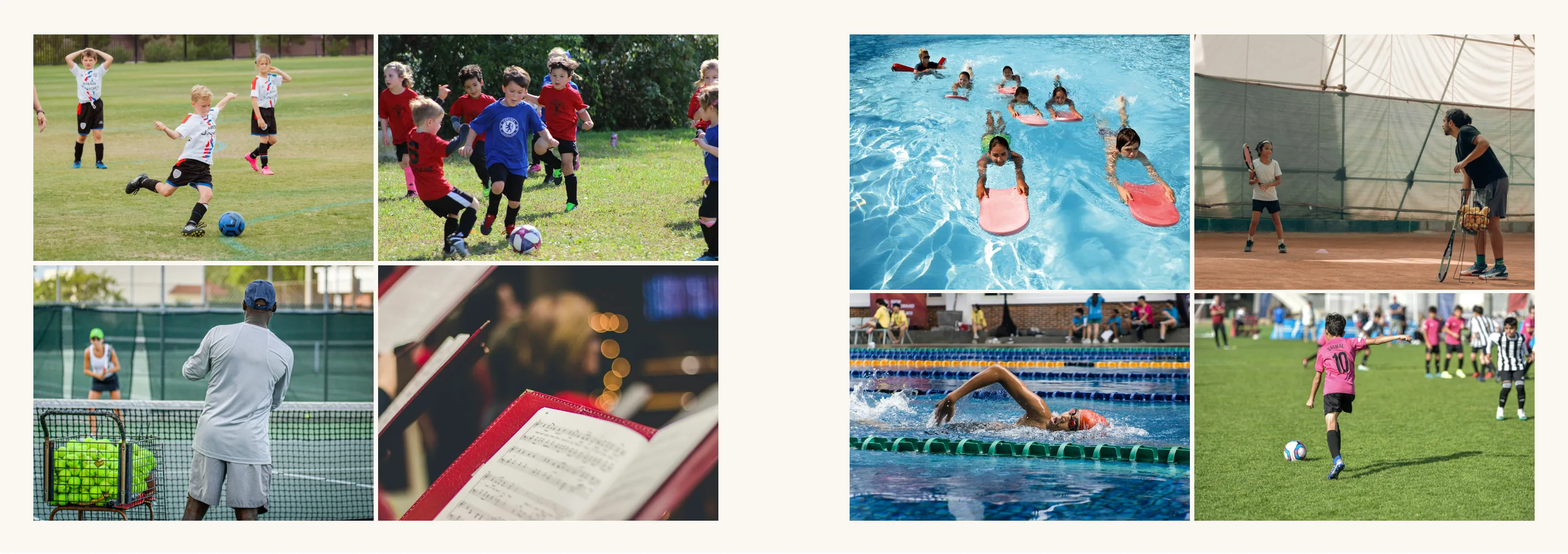 Doppelseite mit acht Fotos aus Fußball, Schwimmen, Tennis und Chor