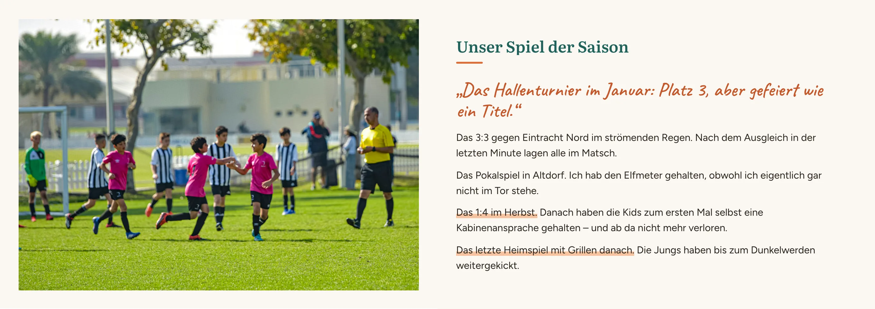 Doppelseite mit einem Spielfoto und den Antworten der D-Jugend auf „Unser Spiel der Saison“