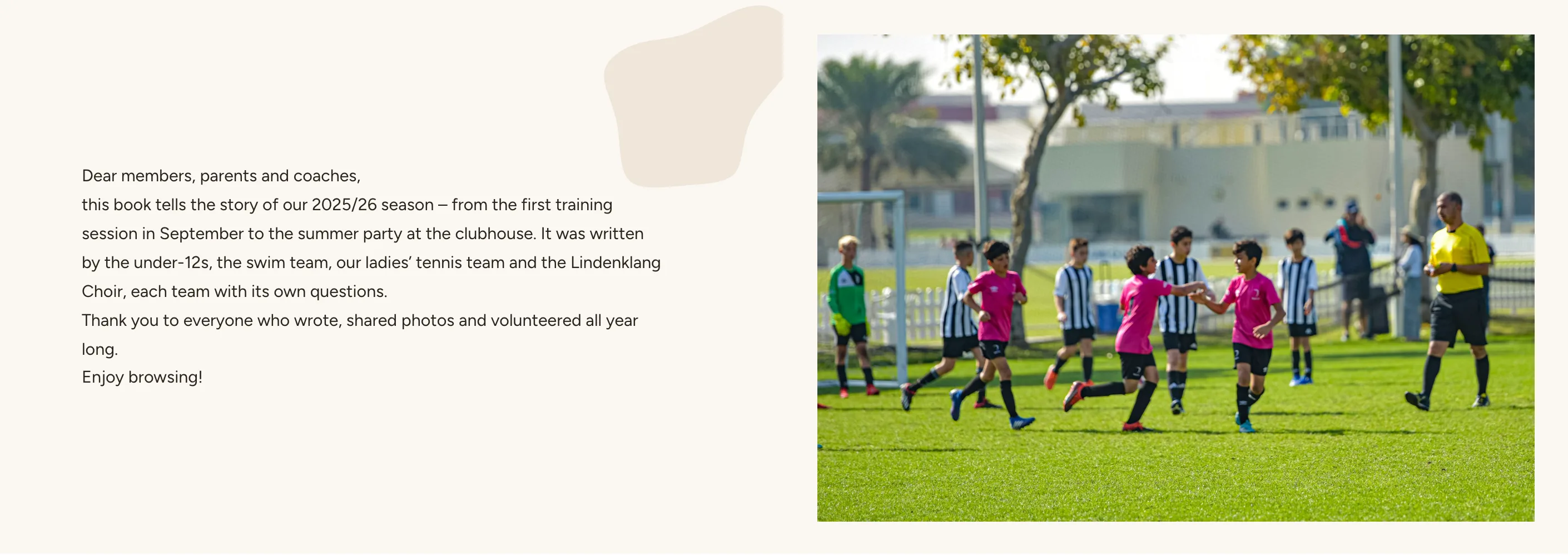 Spread with the welcome text and a team photo of the under-12s