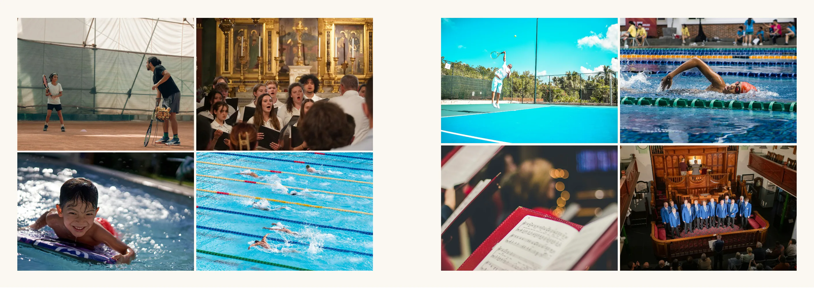 Spread with eight photos from football, swimming, tennis and choir