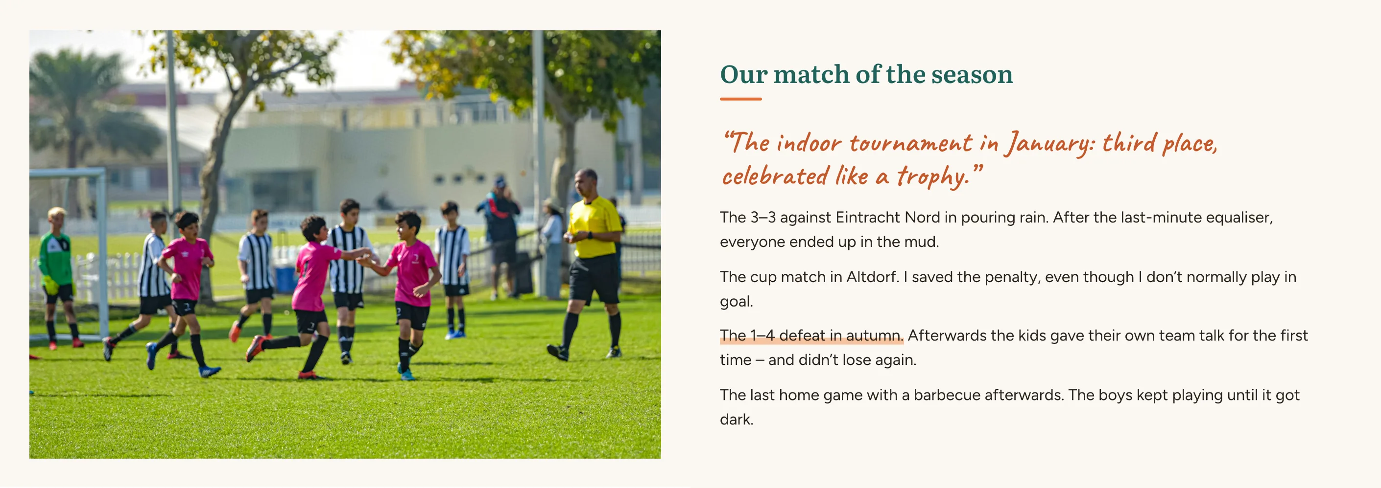 Spread with a match photo and the under-12s' answers to "Our match of the season"