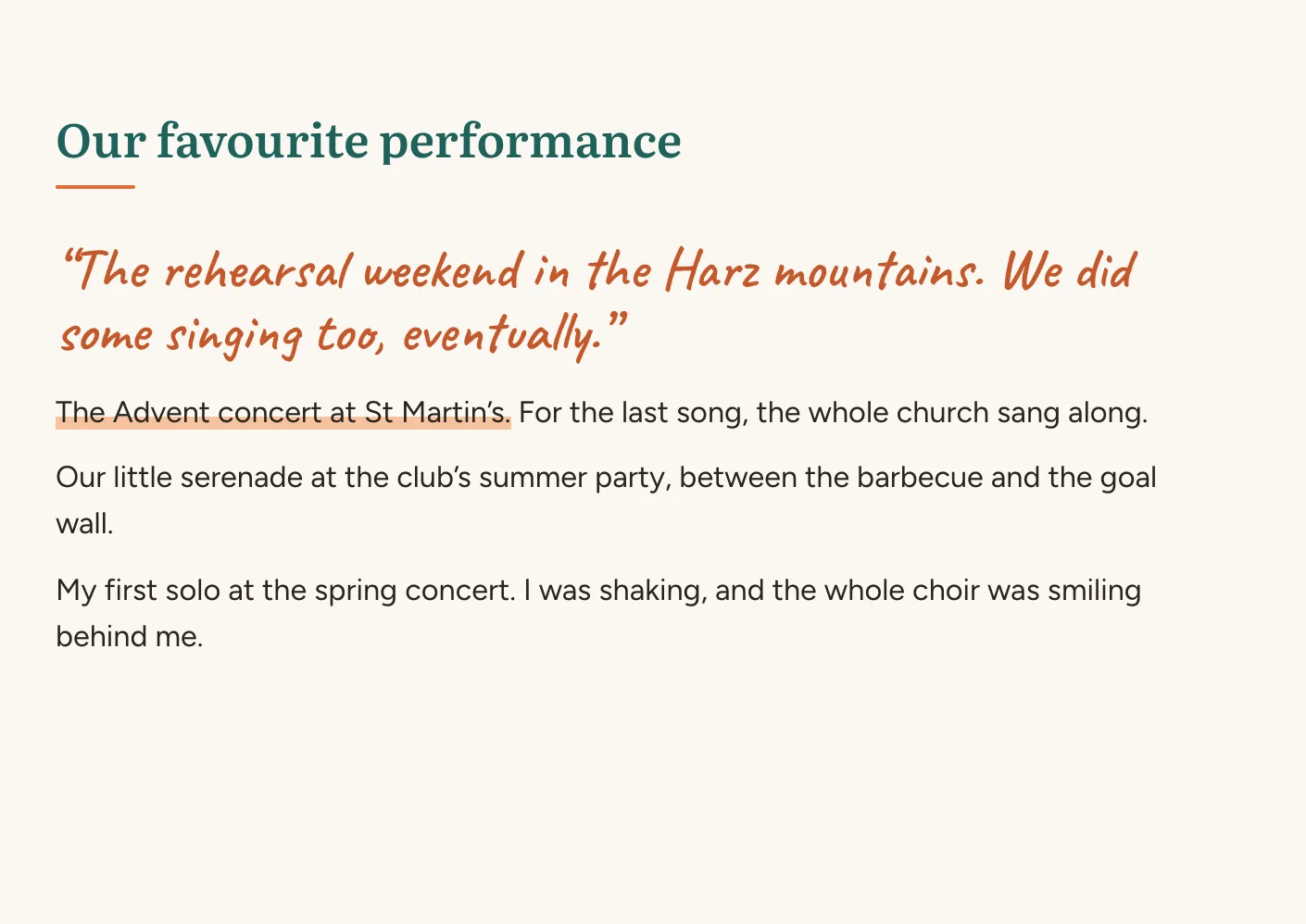 Page "Our favourite performance" with answers from the choir