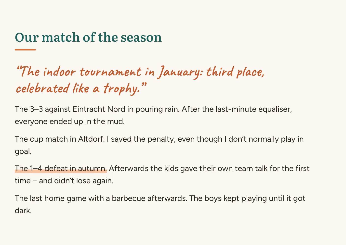 Yearbook page "Our match of the season" with answers from the under-12s