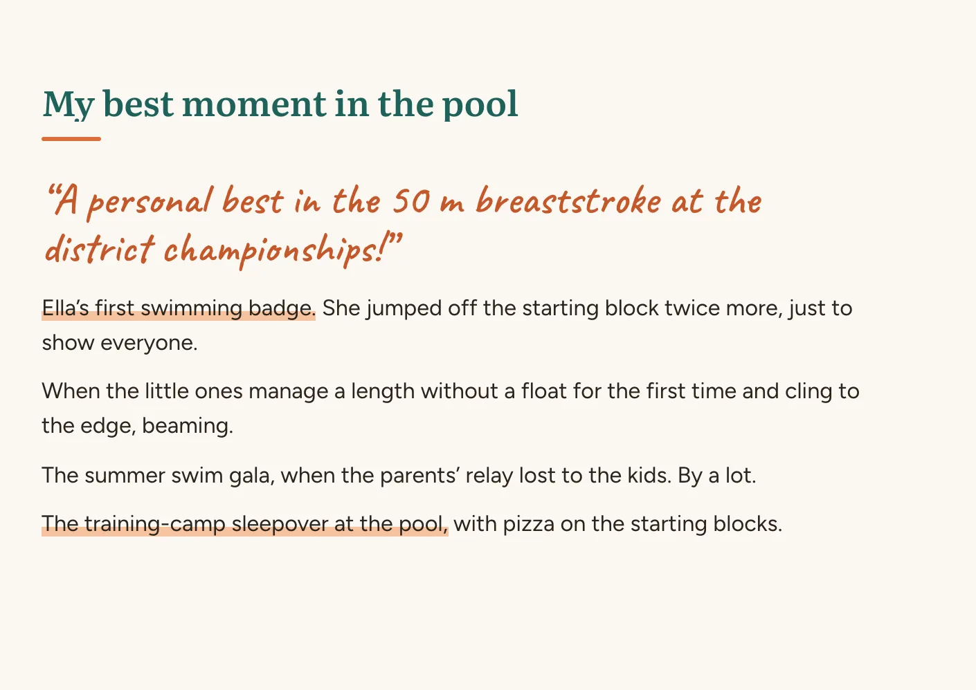 Swim team page: "My best moment in the pool"