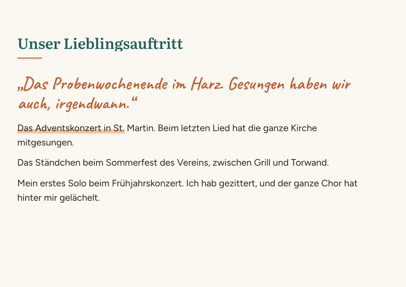 Seite „Unser Lieblingsauftritt“ mit Antworten aus dem Chor