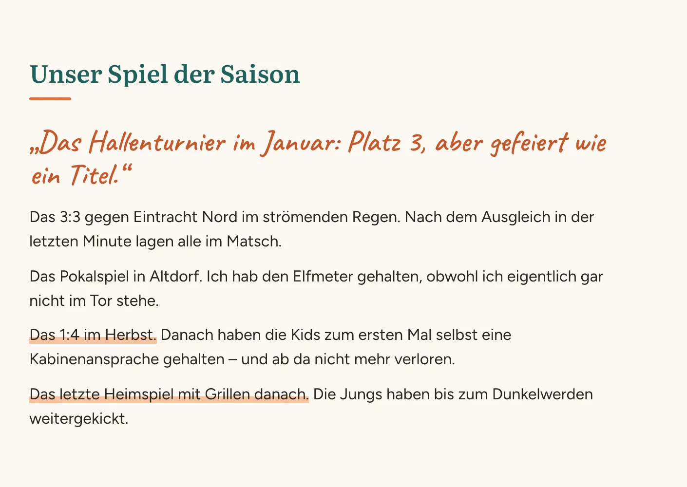 Seite aus dem Vereinsjahrbuch „Unser Spiel der Saison“ mit Antworten der D-Jugend
