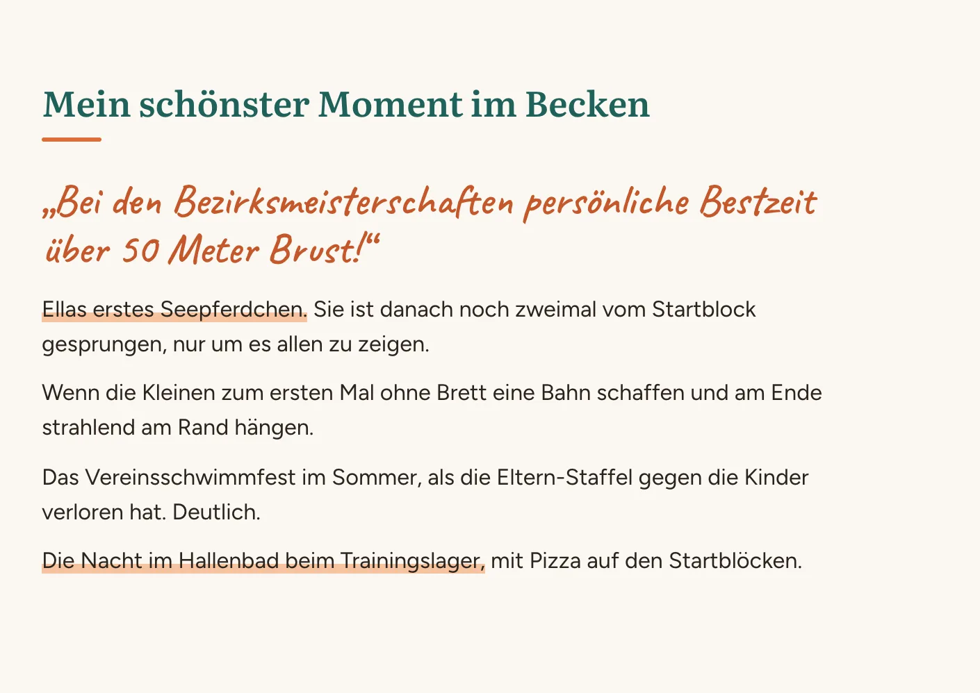 Seite der Schwimmabteilung: „Mein schönster Moment im Becken“