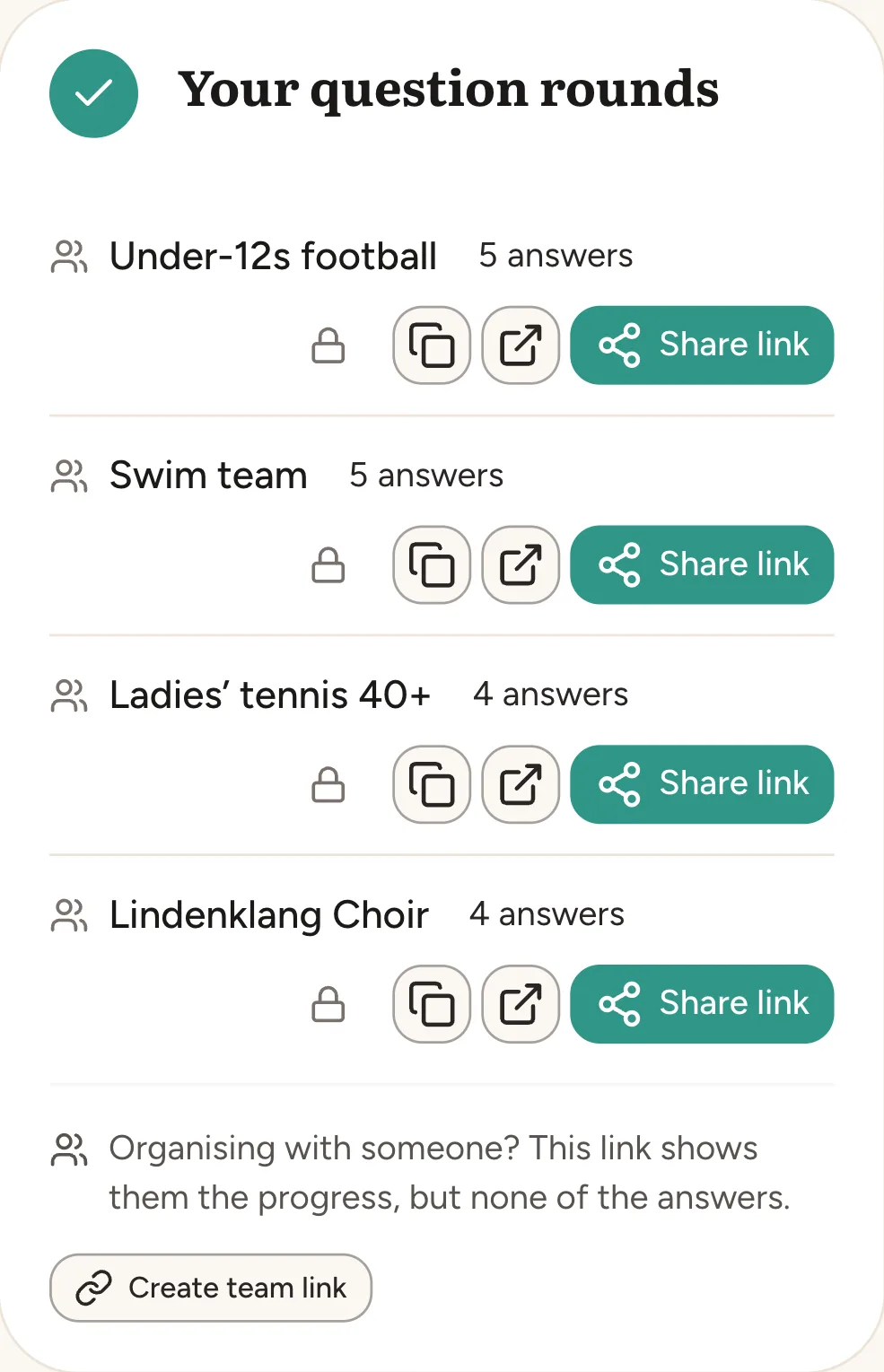 Separate question rounds for under-12s football, swim team, ladies' tennis and choir on a phone