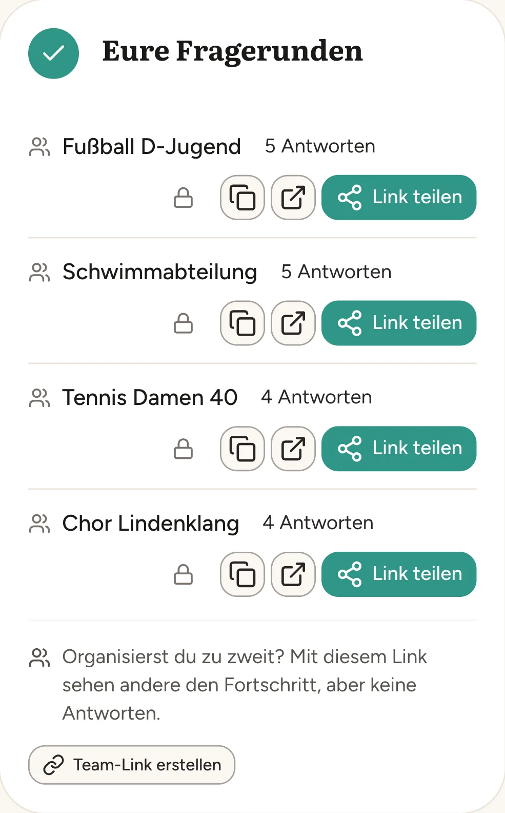 Eigene Fragerunden für Fußball D-Jugend, Schwimmabteilung, Tennis Damen 40 und Chor auf dem Handy