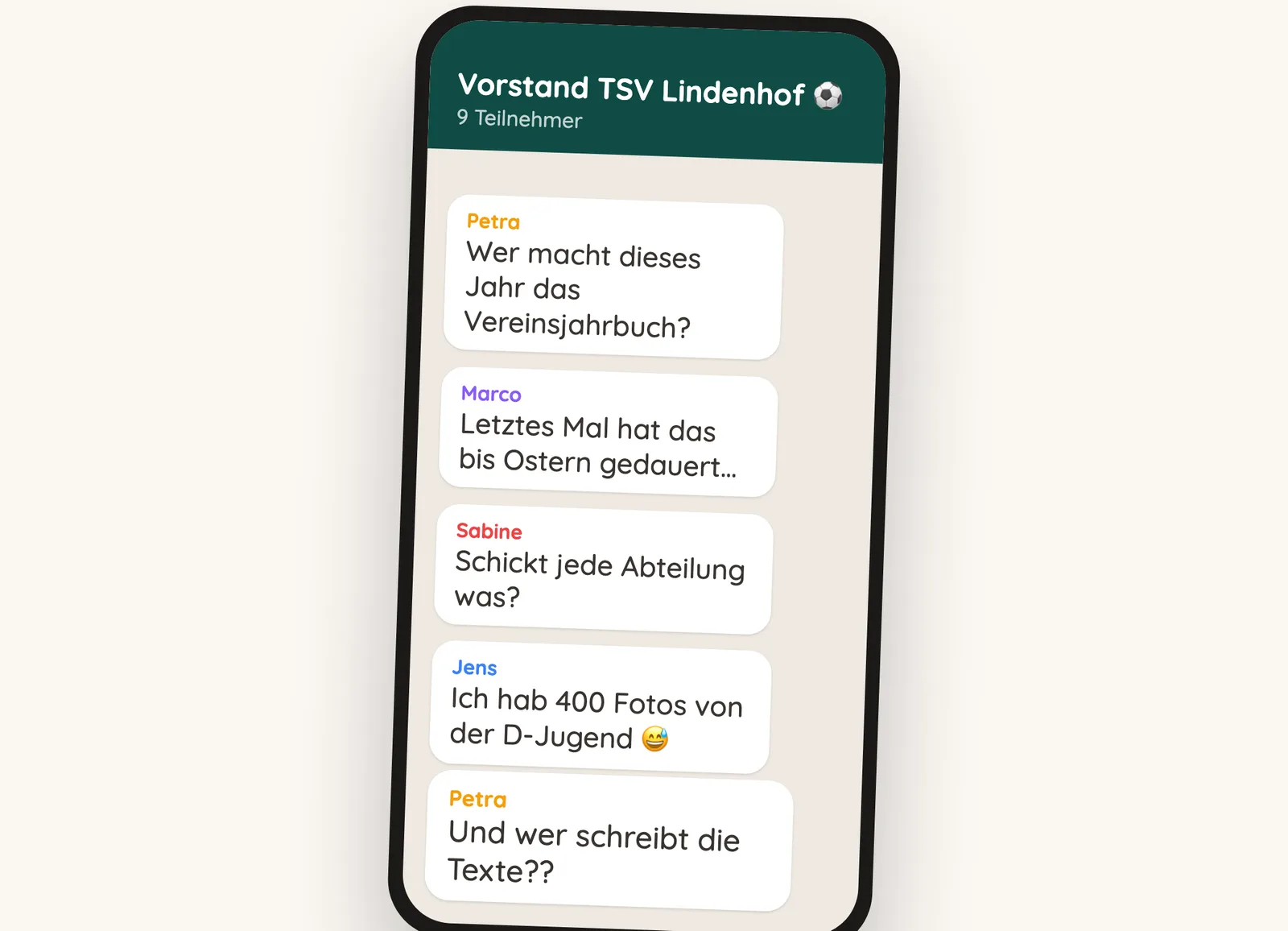 Vereinschat: „Wer macht dieses Jahr das Vereinsjahrbuch?“ – „Ich hab 400 Fotos von der D-Jugend“ – „Und wer schreibt die Texte??“